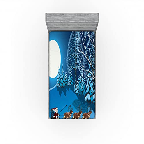 Ambesonne Christmas 2 Pack Fitted Sheet, Santa Winter Forest, Bed Cover All-Round Elastic Deep Pockets 2 Pieces, Package Contains 2 Twin Size Fitted Sheets, Aqua