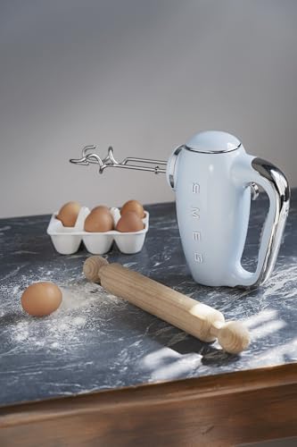 Image of SMEG Pastel Blue 50's Retro Style Electric Hand Mixer with Set of Beaters, Set of Dough Hooks and Set of Whisks