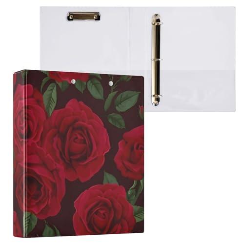 Image of 3 Ring Binder Red Rose Black Roses 1.5 inch Binders Three Ring Binders with Clipboard Fit 8.5'' x 11'' Paper 3 Interior PVC Clear Pockets for Office Supplies