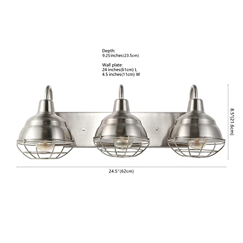 Image of JONATHAN Y Levi 3-Light Vanity 24.5 inch Industrial Metal, Nickel | Farmhouse Rustic Wall Sconce, Caged Bell Shade, Dimmable, Hardwired, UL Listed, LED Bulbs Included