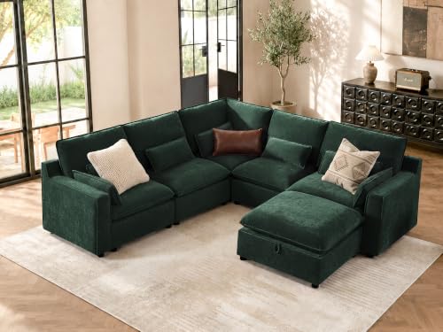 Image of WorthFurni Modern Modular Sectional Sofa,105 inch V Shape Sectional Cloud Couch with Storage Ottoman,Comfty 6 Seat Sofa for Living Room,Green Chenille