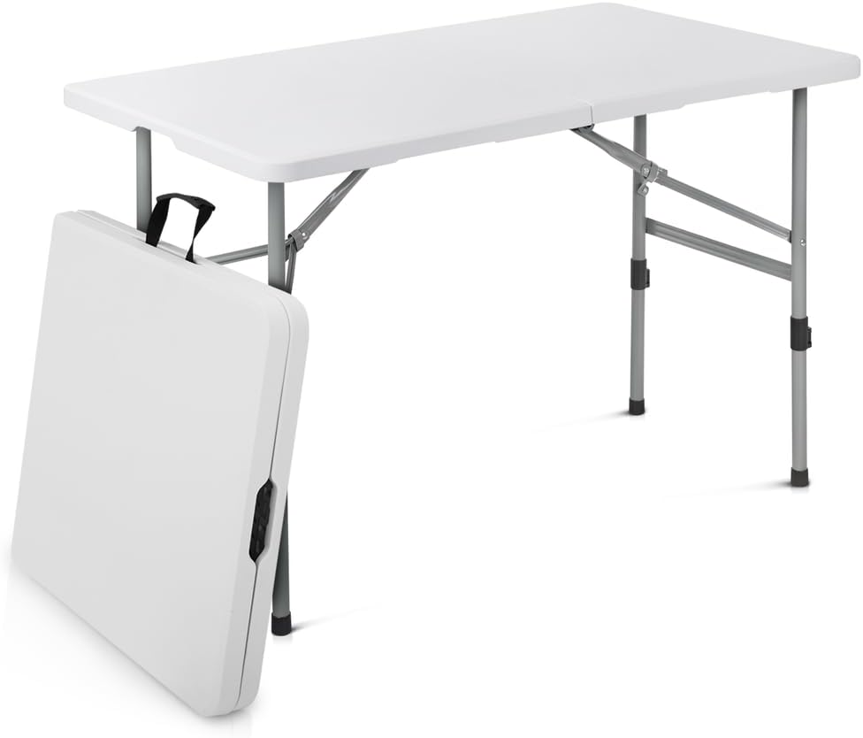 4 Ft White Portable Foldable Plastic Card Table Adjustable Foot Camp Picnic Desk
