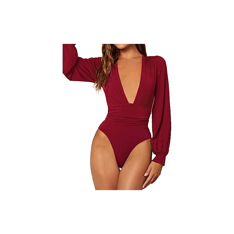 Hilinker-Womens-Deep-V-Neck-Long-Sleeve-Sexy-Ruched-Leotard-Jumpsuit-Bodysuit-Tops-Wine-Red-Large