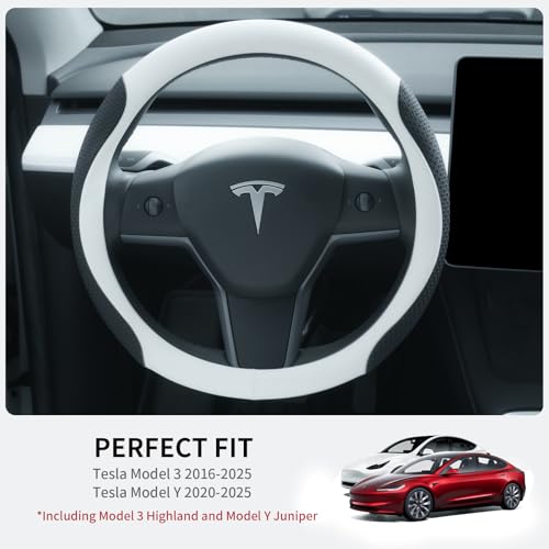 Uxcer Nappa Leather Steering Wheel Cover for Tesla Model 3/Y 2016-2025 2026 Juniper/Highland, Non-Slip Breathable Tesla Model 3/Y Steering Wheel Protector, White