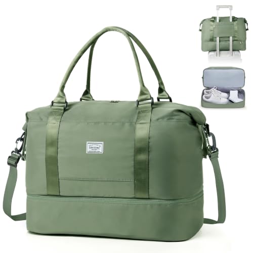 TANTOMI Reisetasche Handgepäck,Sporttasche Damen,46x23x32 cm,Handgepäck Tasche Weekender Bag wasserdichte Reisetasche Duffle Bag Trainingstasche Kliniktasche Geburt Geeignet Urlaub Camping, Grün