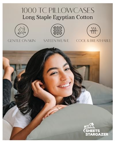 Image of 1000 Thread Count 100% Egyptian Cotton Pillow Cases, Set of 4 Pillowcase, Long-Staple 100% Cotton Breathable, Soft Sateen Weave Bed Pillow Cover, 20 X 30 Inches Pillowcases Light Grey Standard Size