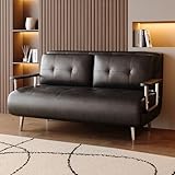 EOBfurniture Schwarzes Leder-schlafsofa, modernes Sofa mit Schlaffunktion, Couch mit Klappmatratze und Metallfüßen, vielfältig einsetzbar für Wohnzimmer, Schlafzimmer & kleine Räume（150cm） (schwarz)