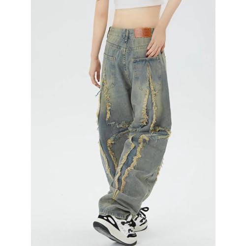 Women's Denim Pants Y2K Jeans Retro Fashion Street Clothing Printed Patchwork Loose Jeans Straight Leg Pants4