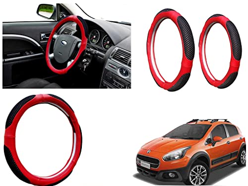 Image of Microfiber Car Steering Wheel Cover, Soft Padding Great Hand Feel, Anti-Slip, Faux Leather Steering Cover for Fiat Avventura | Black Red Jali - Pack of 1