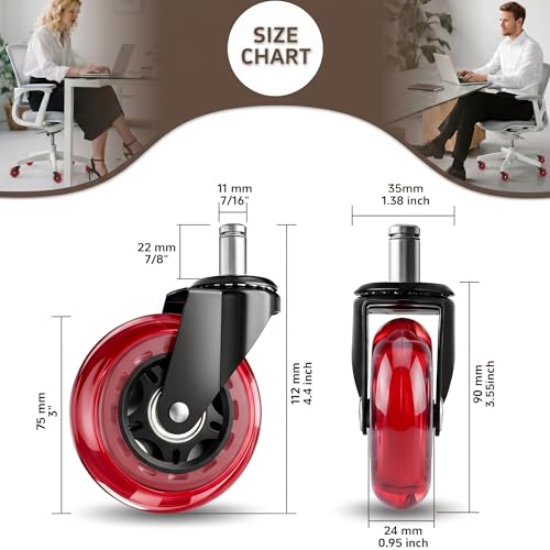 Image of 3 Inch Office Chair Wheels, Set of 30 (Red) | Heavy Duty Replacement Casters for Hardwood Floor & Carpet, Smooth Quiet Roll, Universal 11mm Stem, Non-Marking PU Wheels