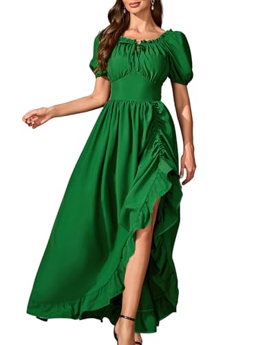 EvoEch Damen Renaissance Kleid Schulterfrei Gesmokte Taille Halbarm Boho Korsett Kleid(Grünes,M)