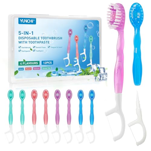 YUNCHI 12 Stück Mini Zahnbürste 5 in 1 Einmalzahnbürsten mit Zahnpasta + Pickel + Zungenschaber + Zahnseide, Reisezahnbürste Einzeln Verpackt für Camping Geschäftsreisen Kinder Erwachsene