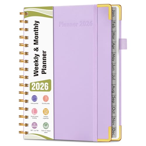 2026 Planner, Hardcover Leather Weekly and Monthly Planner, January 2026 - December 2026, Spiral Yearly Agenda Organizer Book 2026 with Tabs, Daily Calendar Planners for School Work Home, A5 (5.75" x 8.38"), Purple