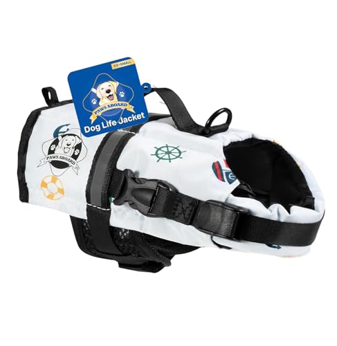 Dog Life Jacket — Premium Swim Vest with SafeChin Anti-Choke Collar | PAWS Aboard Nautical Dog | RapidLift Rescue Handle, D-Ring, Reflective Trim | Boating, Kayaking, Pool | XX-Small (Under 6 lbs)