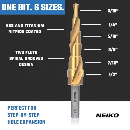 Image of NEIKO 10603A Step Drill Bit, 6 Steps 3 /16 inch to 1 /2 inch Spiral High Speed Steel, Titanium Nitride Coated, 1 /4 inch Tri Flat Step Bits for Steel, Metal, Wood, Plastic, Unibit Cone Drill Bits, Two Flute