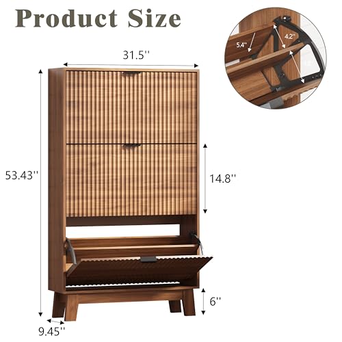 Image of Shoe Cabinet Storage for Entryway with 3 Flip Drawers, Fluted Narrow Shoe Organizer with Wooden Legs, Freestanding Slim Shoe Storage Hidden Shoe Rack Organizer for Front Door Entrance, Hallway, Walnut