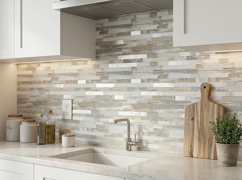Yipscazo 10 Sheets Peel and Stick Wood Metal Tile Backsplash, Stick on Tiles for Backsplash Kitchen, Bathroom, Laundry Room, Camper, Fireplace (12'' X 12'', White Wood with Metal) by Yipscazo - Image 8
