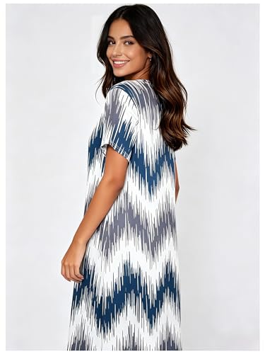 Eternatastic Women Short Sleeve Nightgown Crew Neck Loose House Dress Soft Comfy Long Nightshirts Sleepwear Loungewear Small Ikat Print — view 3