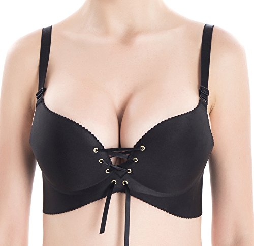 CHAOSHUO Womens Girls Cleavage Drawstring Bras Ph Up Wirefree Comfortable(Black, 30A)