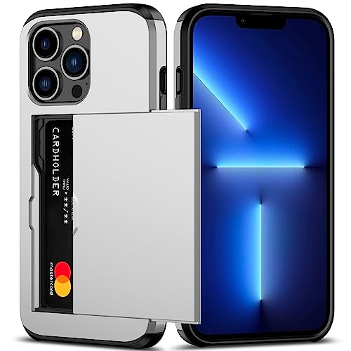Nvollnoe for iPhone 13 Pro Case with Card Holder Heavy Duty Protective Dual Layer Shockproof Hidden Card Slot Slim Wallet Case for iPhone 13 Pro for Men&Women(Silver)