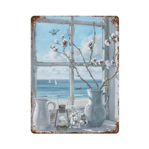 Panneau en métal rétro HUERYRYJI bleu pâle nature morte 40x30 cm