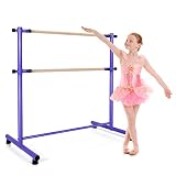 Costzon Portable Ballet Barre, 4FT Height Adjustable Double Wood Bar, Freestanding Fitness Dance Bar for Home Studio School, Lightweight Gym Barre Exercise Equipment for Kids & Adults (Purple)