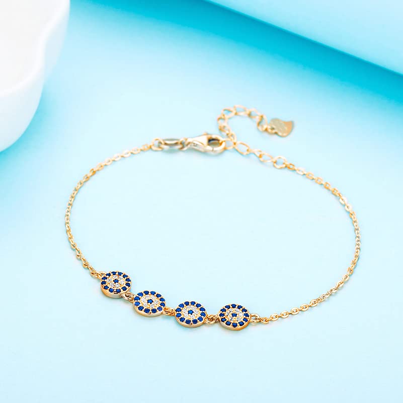 Solid 14K Gold Over 925 Sliver Moissanite Evil Eye Bracelet for Women,Adjustable Four Evil Eye Charm Chain Bracelet,Fashion Christmas Jewelry Gift for Her3