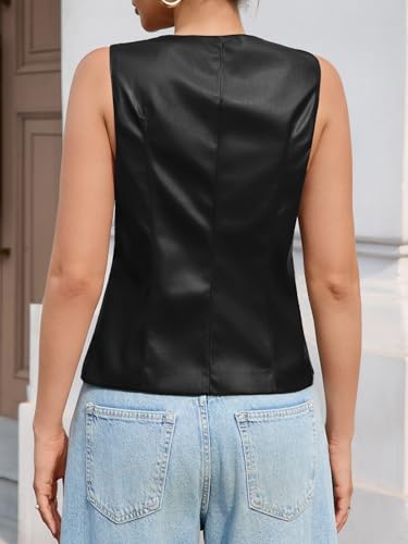 Tankaneo Womens Faux Leather Vest Tops Business Casual Button Down PU Suit Blazer Sleeveless Fitted Waistcoat4