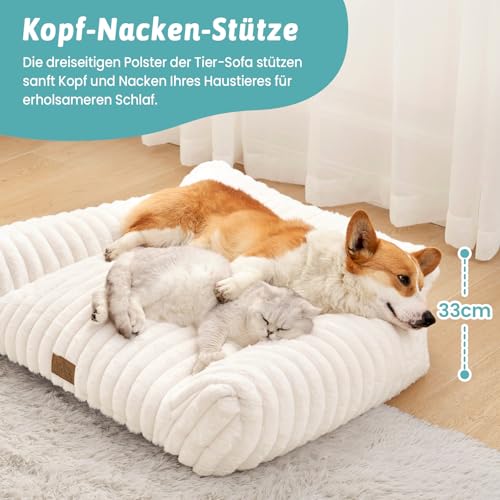 COZY KISS Orthopädisches XL Katzenbett - 80x60x33cm Cord-Kunstfell Hundebett-Sofa für Haushalte mit Mehreren Katzen und Kleine Hunde, Kuscheliges Waschbare Katzensofa mit Kopf- und Nackenstütze, Creme