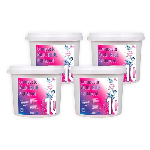 Pack Super Ahorro 4 uds Compacto 10 ACCIONES AQUAPOOL (200 GR) - Pastillas de Cloro multifunción - Disolución Lenta - Apto Piscinas Liner (4x5 KG)