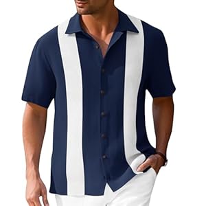 Mens Vintage Bowling Shirts Short Sleeve Button Down Guayabera Beach Shirts for Men