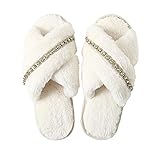 Winhot Bride Slippers for Women White Cross Band Soft Fuzzy Plush Fleece,Fluffy Slipper with Rhinest