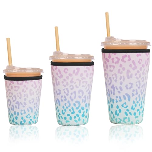 Image of Reusable Insulated Sleeve for Iced Coffee Cup, 3-Pack Coffee Neoprene Drink Sleeve for Cold & Hot Drinks, Beverage Holder for Iced Coffee (Gradient Leopard)