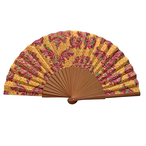 Tusitala Barcelona - Abanico Damasco grana - Abanico Español de Madera y Algodón - Complemento de Moda Hecho a Mano - Funda de Yute Natural Incluida - Regalo Original - 23 cm.