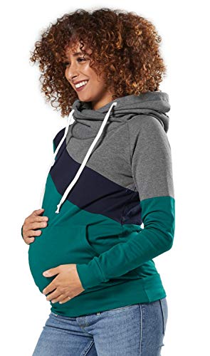 HAPPY MAMA. Damen Umstands Kapuzenpullover Stillzeit Lang Ärmel Farbblock. 321p (Graphit Melange & Navy & Dunkelgrün, 36, S) Cover