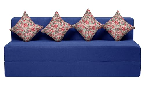 Image of Four Seater Sofa Cum Bed Jute Fabric 6 X 6 Ft| Space Saving Foldable Sofa Bed for Living Room & Guest Room | Comfortable Multi-Functional Furniture - Blue