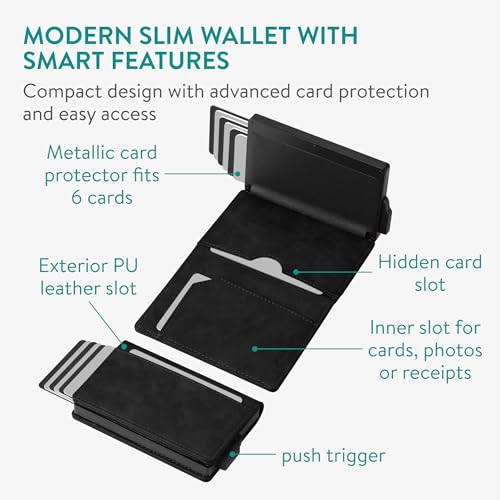 Navaris Pop Up Wallet with Inner Slots - Pop-Up RFID Blocking Card Holder w Cash Pocket - Slide Modern Trigger Wallet - Holds 10 Cards - Metal RFID Smart Wallets for Men2
