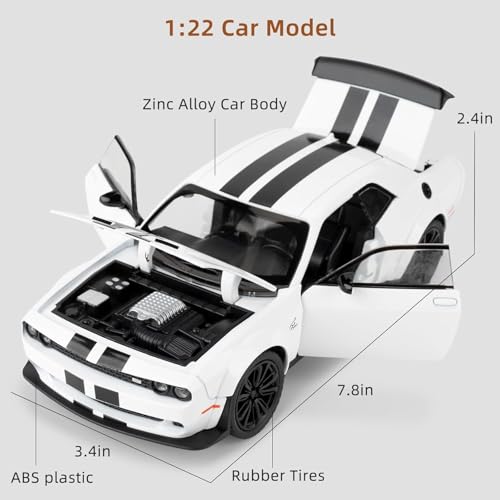 Image of 1:22 Dodge Challenger SRT Hellcat Model Car - Green Diecast Vehicle Toy with Pull Back Function, Lights & Sounds | Collectible Toy Car Model for Adults & Kids Birthday Gift (White)