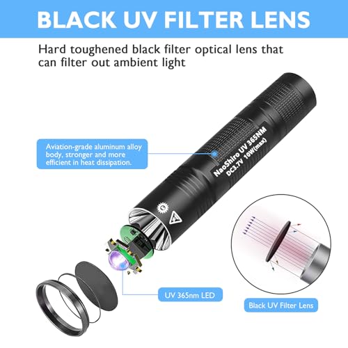 NaoShiro Lanterna UV de 365 nm, lâmpada de madeira com luz preta, recarregável para detecção de urin