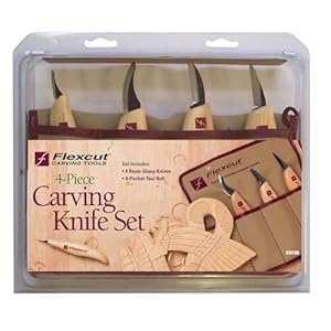 FLEXCUT Carving Mes Set 4 stuks, snijmes, houten handvat, inkepingsmes, koolstofrijk messtaal, gereedschapsgrol, houtsnijwerk, scherp mes voor houtsnijgereedschap, knutselaars