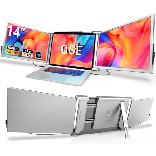 QGE Laptop Screen Extender, 14" 1080P FHD Triple Monitor for Laptop Extension- 315°Rotate Portable Dual Monitor Screen for 13.3-16.5" Laptops Type-C/HDMI/USB-A Plug & Play for Wins/Mac/Chro