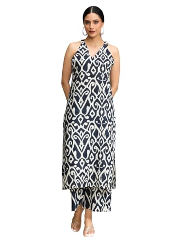 Image of Varanga Women Solid Straight Kurta Trouser Set | Pure Cotton Fabric | Sleeveless Round Neck | Elastic Waist| Casual & Summer Wear