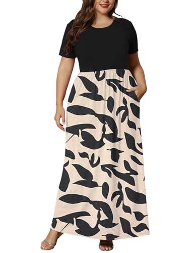 Image of KARALIN Women Plus Size Maxi Dress Short Sleeve Round Neck Loose Fit A-Line | Plus Size Long Dress,Summer Casual Maxi Dresses,Short Sleeve,Side Pockets,Round Neck,Elastic Waist,14 Plus - 26 Plus