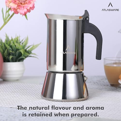 Image of Atlasware Stainless Steel Mocha Design Coffee Maker | Induction, Gas, Hot Plate Compatible | Compact BPA Free Espresso Filter Coffee Black Tea Pot Percolator for Home, Kitchen, Travel (Silver, 2 Cup)