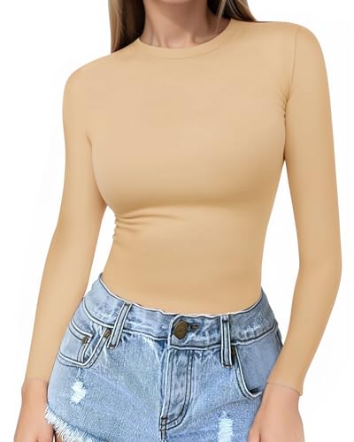 MANGOPOP Crew Neck Long Sleeve T Shirt Women Fitted Shirts Tight Neck T Shirts Basic Tee Tops(Small,Nude)