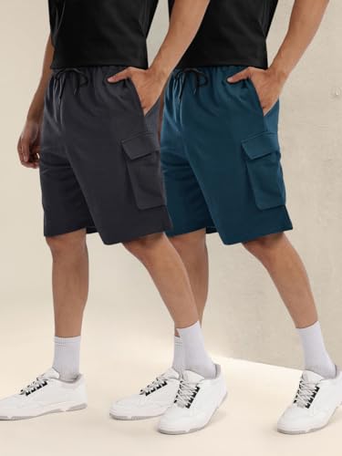 Image of Pinkmint Cargo Shorts for Men Pack of 2 Cotton Lycra Training Gym Shorts for Men Casual Workout Lightweight Summer Shorts with Dual Side Pockets Half Pant for Running, Gym, Walking, Travel