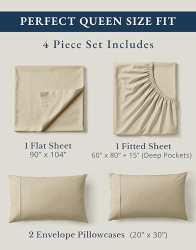Image of LANE LINEN 100% Organic Cotton Queen Size Sheets Set, Eco Friedly Mercerized Fully Elasticized Queen Sheets, Naturally Temperature Regulating Cooling Cotton Sheets- Linen