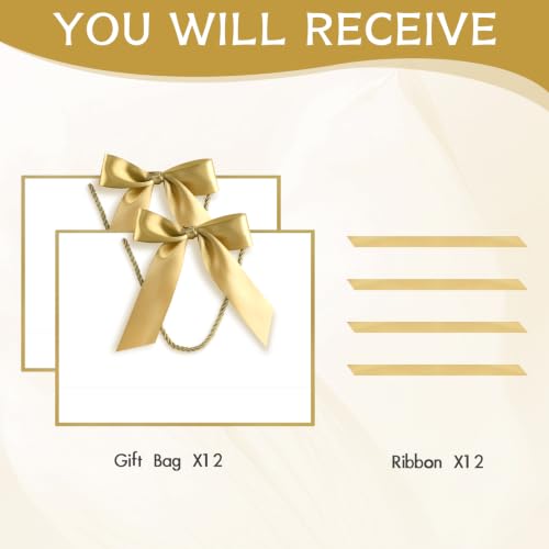 Image of JMANNI 12 Pcs Wedding Paper Gift Bags with Handle,13 inch Medium Thank You Gifts Bags with Ribbon Bow Bridal Shower Gifts for Baby Shower Graduation Holiday Birthday Party Supplies Mothers Day(white-gold)