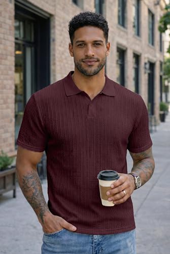 Image of JMIERR Mens Casual Polo Shirt Summer Short Sleeve Vacation Button Beach Knit Stretchy Golf Shirts