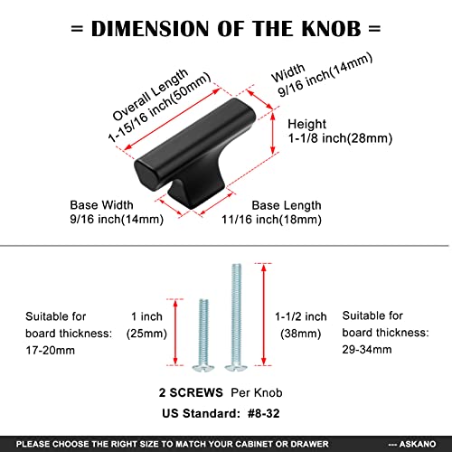 Askano Pack Of 10, Black, T-Bar Kitchen Cabinet Knobs Ak1303 | Modern Cabinet Handles, Solid Hardware For Drawer, Dresser, Bathroom, Vanity, Furniture Door, Cupboard, Bedroom, Size: 2" #TOP5